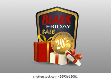 Insignia de Black Friday con elegantes cajas de regalo y brillante etiqueta dorada