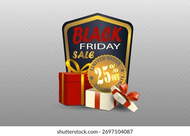 Insignia de Black Friday con elegantes cajas de regalo y brillante etiqueta dorada