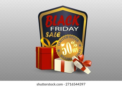 Insignia de Black Friday con elegantes cajas de regalo y brillante etiqueta dorada