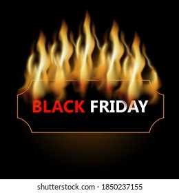 Insignia negra del viernes en llamas. Etiqueta de compra a la venta, venta de descuento en incendio, oferta especial de etiqueta caliente, mercancía de quema de precios, ilustración vectorial