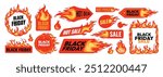 Black Friday badges. Flaming stickers hot sale. Selling marketing price label for promotional offer tag. Fire frame advertising template. Shopping burn banner. Vector set.