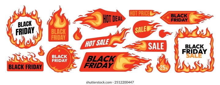 Crachás de Black Friday. Flaming autocolantes venda quente. Etiqueta de preço de marketing de venda para etiqueta de oferta promocional. Modelo de anúncio de quadro de incêndio. Banner de queimadura de compras. Conjunto de vetores.