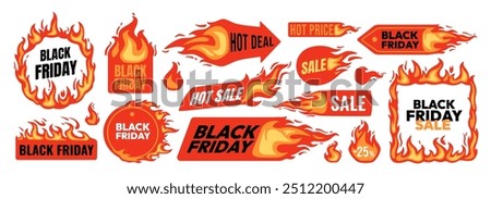 Black Friday badges. Flaming stickers hot sale. Selling marketing price label for promotional offer tag. Fire frame advertising template. Shopping burn banner. Vector set.