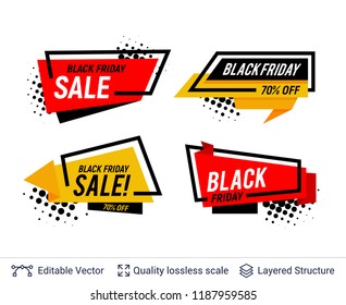 Black Friday Badges Set. Geometric shapes and text. Bright graphic labels with editable copy space for holiday discounts and sales.