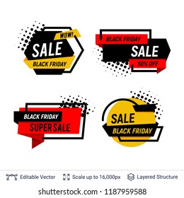 Black Friday Badges Set. Geometric shapes and text. Bright graphic labels with editable copy space for holiday discounts and sales.