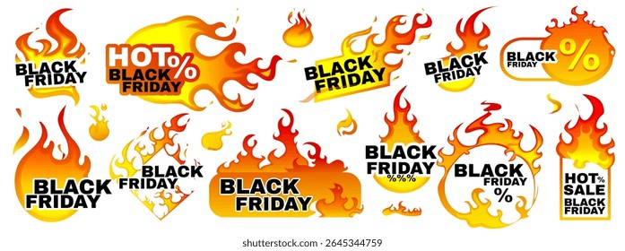 Selos de Black Friday definidos. Adesivos De Chama De Fogo Vermelho Com Inscrição De Venda Quente. Etiquetas de marketing e etiquetas de oferta promocional. Queimando preços. Coleção de ilustrações de vetor de desenhos animados isolada no plano de fundo