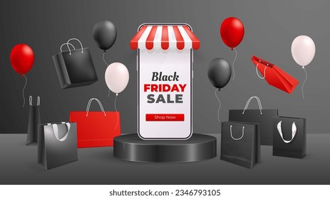 Black friday bag. Elegant shopping bags special offer deals big sale ad, fashion shop display product paper handbag minimal dark background store banner decent vector illustration of sale discount