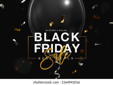 Black Friday Balloon Banner. Black Friday Hintergrund. Single Black Balloon, Confetti und Typografie.  
