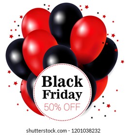 black Friday, balloons black and red 3D, banner, confetti, serpentine, isolated on white background, vector