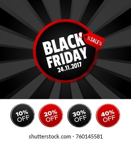 Black Friday banner and 10%, 20%, 30% & 40% Off Marks. Vector illustration.