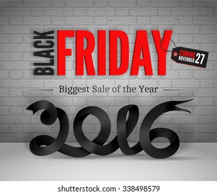 Black Friday banner with black 2016 ribbon and red shoppping tag. Black friday big Sale offer on grunge background. Black Friday graphic poster on brick wall background.