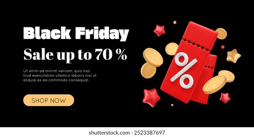 Black friday banner with 3D coupon. Red voucher with percent sign, floating cash and inflated stars. Marketing background, promo advertising template. Discount cartoon elements. Vector illustration.