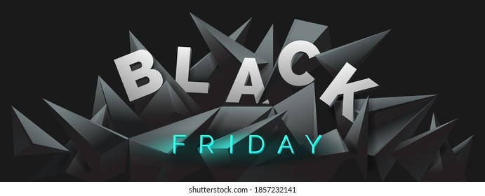Black Friday Banner mit 3D-Rendering, abstrakter schwarzer Kristallhintergrund, facettierte Textur, Panorama, breiter panoramischer polygonaler Hintergrund, Vektorgrafik.