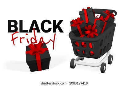 Black Friday banner. 3d shopping cart with gift boxes. Shopping concept. Vector illustration.