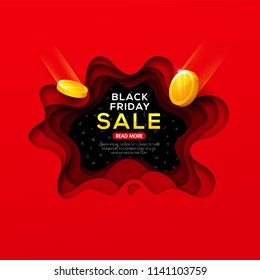 Black Friday banner with abstract paper cut shapes, shadows and falling coins for season discount and sales.