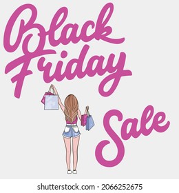 Black Friday banner advertising background template Elegant woman silhouettes with purchases.