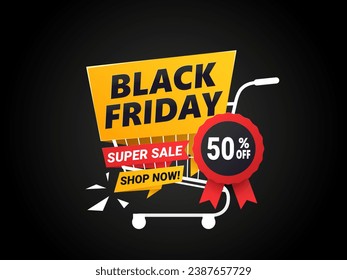 Black Friday banner with black background. up to 50% off. Vector Business sale banner template design.