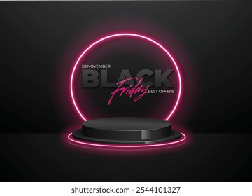 Fundo de banner Black Friday com uma plataforma de pódio cercado por preto e círculo roxo neon para mostrar produto