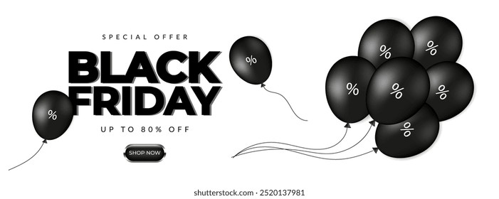 Anuncio Black Friday con globo negro. Plantilla de diseño para la venta de compras, cartel promocional, Web y redes sociales. Ilustración vectorial	