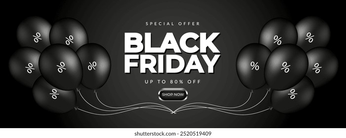 Black Friday banner with black baloon. Design template for shopping sale, promo poster, web and social media. Vector illustration