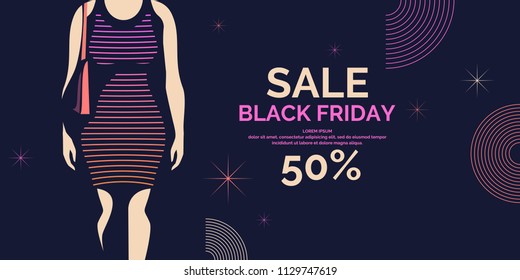 Black friday banner. Big sales trendy poster to advertise your goods. Silhouette girl in elegant dress. Vector illustration.