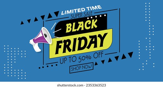 "Black Friday", banner with a bullhorn. 50% off, shop now. Discount. Blue stylish banner, flyer, "Black Friday".