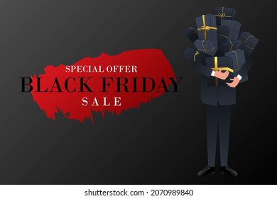 Black Friday Banner with Businessman with stack of gifts. Shopping landing page. Shopping character. Illustration for shop market, shopping web page, sale.