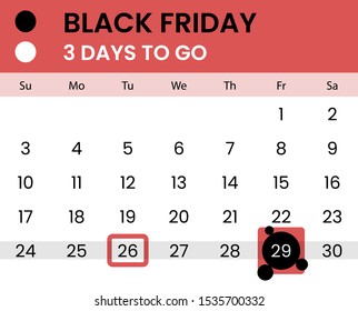 Black friday banner as calendar with countdown - 3 days to go. Waiting for 2019 black friday. Count how days left. Vector illustration