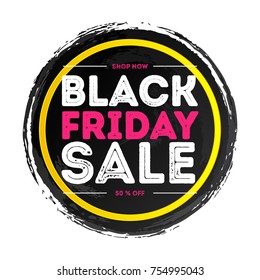 Black friday banner color style on black watercolor circle shape and yellow frame for sale, promotion, special offer, advertisement, hot price and discount poster. Vector Illustration