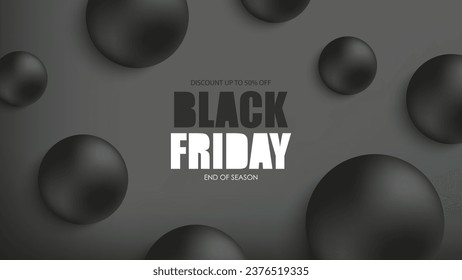 Black Friday Banner. Commercial background for Black Friday discount shopping promotion and advertising. Black round shapes. Realistic 3d spheres. Vector illustration.