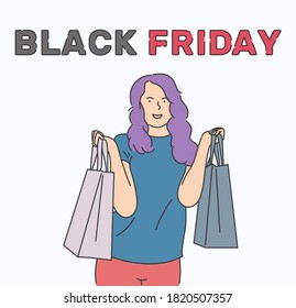 Black Friday banner concept. Beautiful girl carrying a shopping bags and smiling happily. Hand drawn in thin line style, vector illustrations.