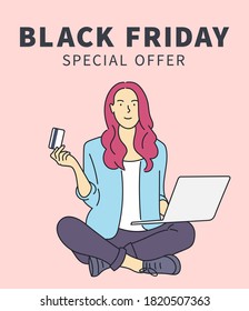 Black Friday banner concept. Beautiful girl is carrying a shopping bag and smiling happily, she spends via credit card. Hand drawn in thin line style, vector illustrations.