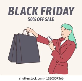 Black Friday banner concept. Beautiful girl is carrying a shopping bag and smiling happily, she spends via credit card. Hand drawn in thin line style, vector illustrations.
