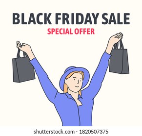 Black Friday banner concept. Beautiful girl carrying a shopping bag and smiling happily.