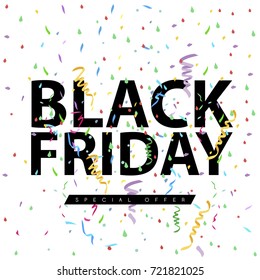 Black friday banner with confetti, vector illustration