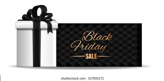 Black Friday banner design. Gift box with ribbon and bow on the black background of a greeting card.  Vector illustration