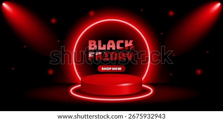 Black Friday banner design with glowing red round frame, spotlight and podium. Sale template for online shop promotion, event deals, shopping offers. Retro neon style. Vector illustration 