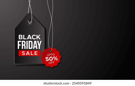 Diseño de Anuncio de Black Friday con etiqueta de ventas colgante. Anuncio o Diseño gráfico de Black Friday de noviembre. Anuncio creativo de Black Friday con descuento de fondo oscuro o diseño de Anuncio de etiqueta de oferta