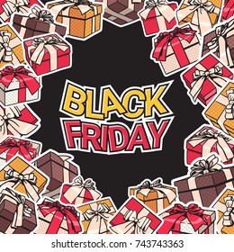 Black Friday Banner Design With Present And Gift Boxes Frame On Background Shopping Poster Concept Vector Illustration