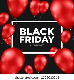 Black Friday banner design with realistic red balloons on black background
