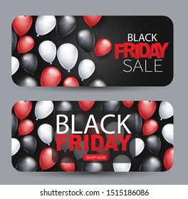 Black Friday banner design template. Big sale advertising promo round corner discount card or voucher concept with balloons, shop now button, and typography text. Website or magazine decoration.