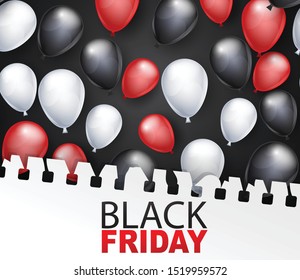 Black Friday banner design template. Big sale advertising promo concept with balloons covered by a torn out sheet of copybook paper, and typography text. Website or magazine decoration.