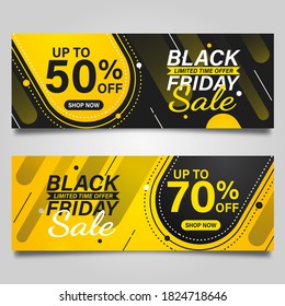 Plantilla de diseño de banner de Black Friday sobre fondo negro y amarillo. Ilustración del vector