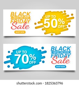 Black Friday Banner Design-Vorlage auf blauem und gelbem Hintergrund. Vektorgrafik