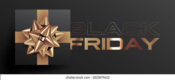 Black Friday Banner Design-Vorlage mit Draufsicht schwarz Geschenkbox mit goldenen Bänder und Bugs auf schwarzem Hintergrund mit schwarzem Freitag goldener Schrift. Vektorgrafik