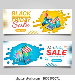 Black Friday banner design template on blue and yellow background. Vector illustration