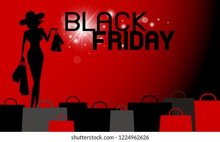 Black friday banner design of woman holding shopping bag vector illustration