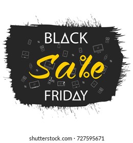 Black Friday banner with different appliances and devices icons. Template for Black Friday design. Isolated on white background. Vector illustration.