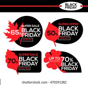 Black Friday banner in different geometric form with red autumn leaf for sale and discount. 