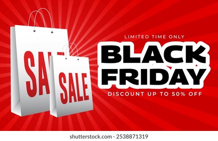 Black Friday Banner Discount Up To 50 Percent Off Text Banner With Shopping Bags For Black Friday Holiday